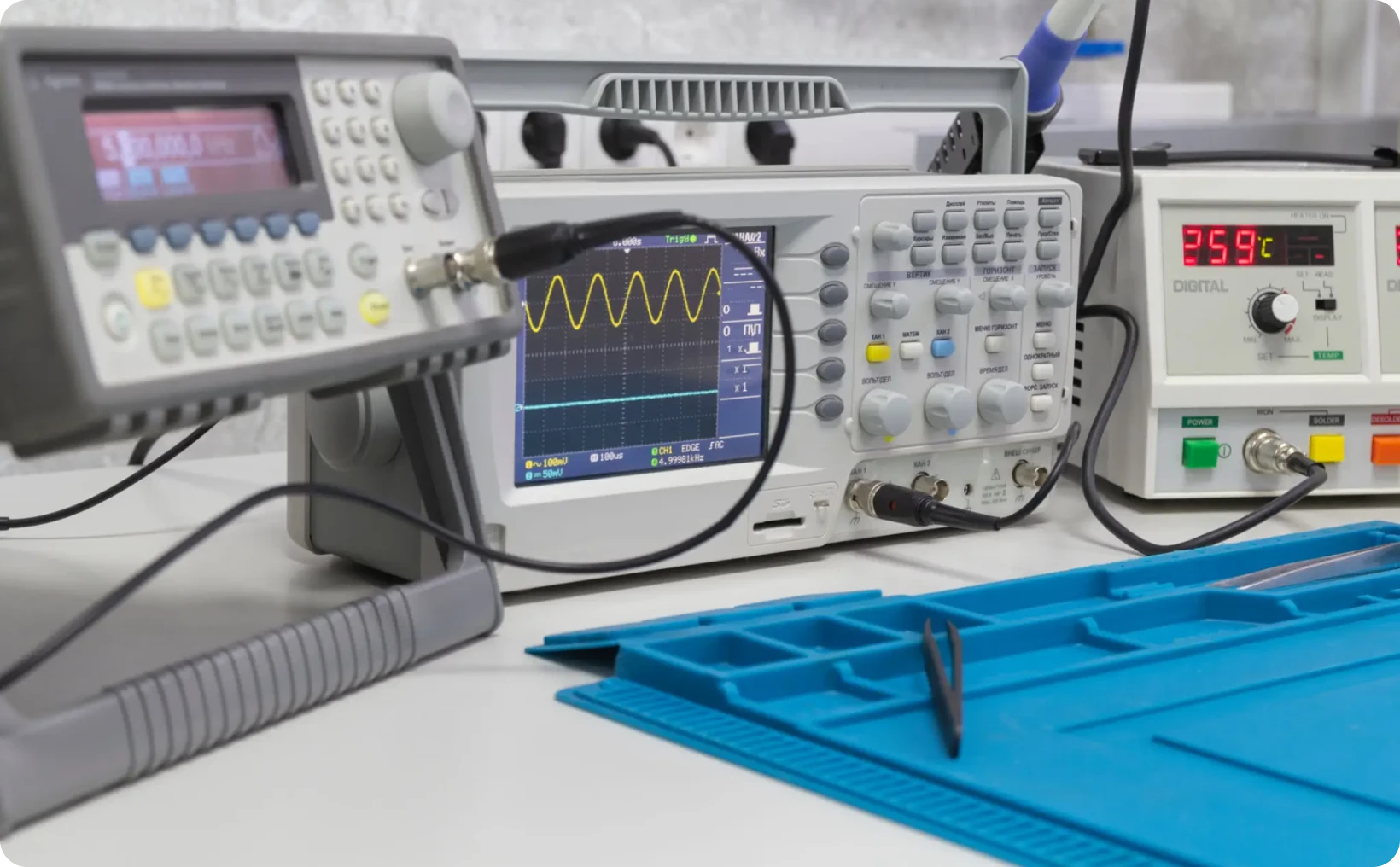 Lab desk with electronic measurement devices