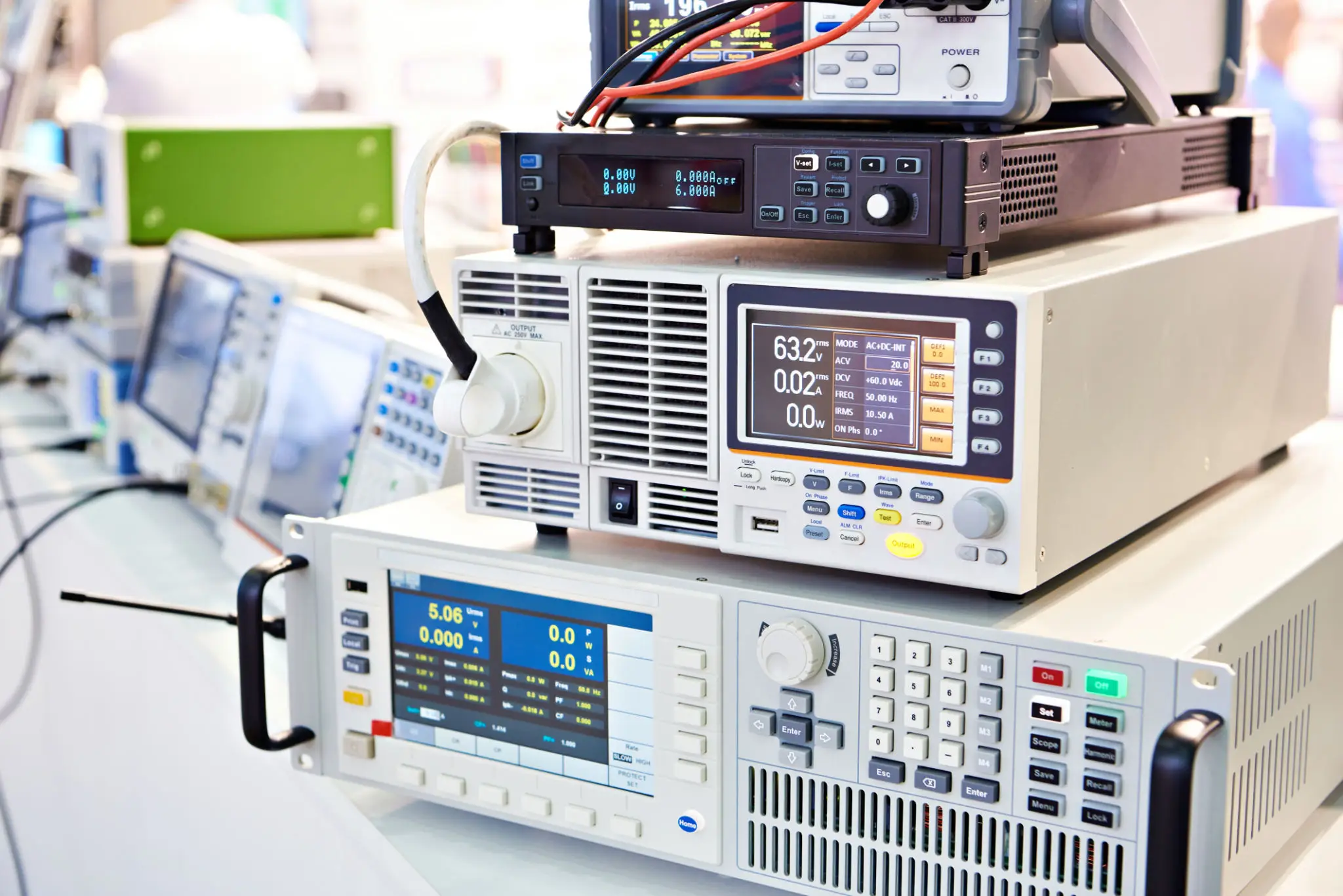Electronic test equipment stacked on a workbench for calibration and measurement.